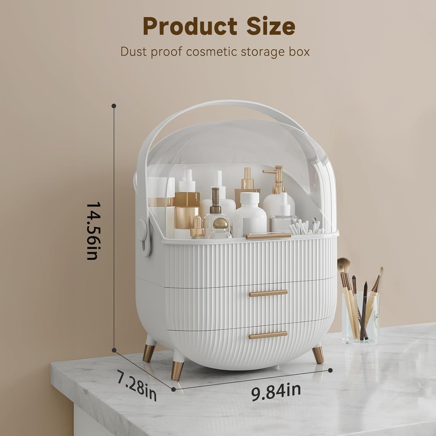 Makeup Organizers, Make Up Organizer for Vanity, Countertop Cosmetic Storage with Drawers and Transparent Cover for Bedroom Bathroom, White