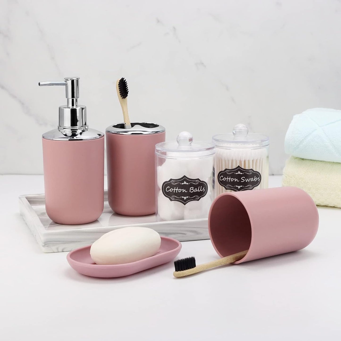 IMAVO Bathroom Accessories Set,Pink Bathroom Set,9 Pieces Bathroom Accessory Set,Tray,Qtip Holders,Toilet Brush,Trash Can for Bathroom Décor and Home Gifts