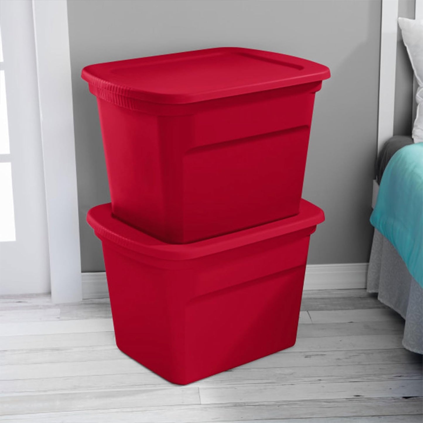 Sterilite 18 Gallon Plastic Stackable Storage Tote Container, Seasonal Home Decor, and Garage Organizer Bin with Lid, Red (8 Pack)
