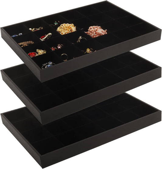 Rocutus Jewelry Organizer Tray,3 Pack Velvet 24 Grid Earring Holder Stackable Jewelry Tray Ring Storage Organizer, Velvet Jewelry Box, Gray, 14x10 - Necklace & Dresser Storage