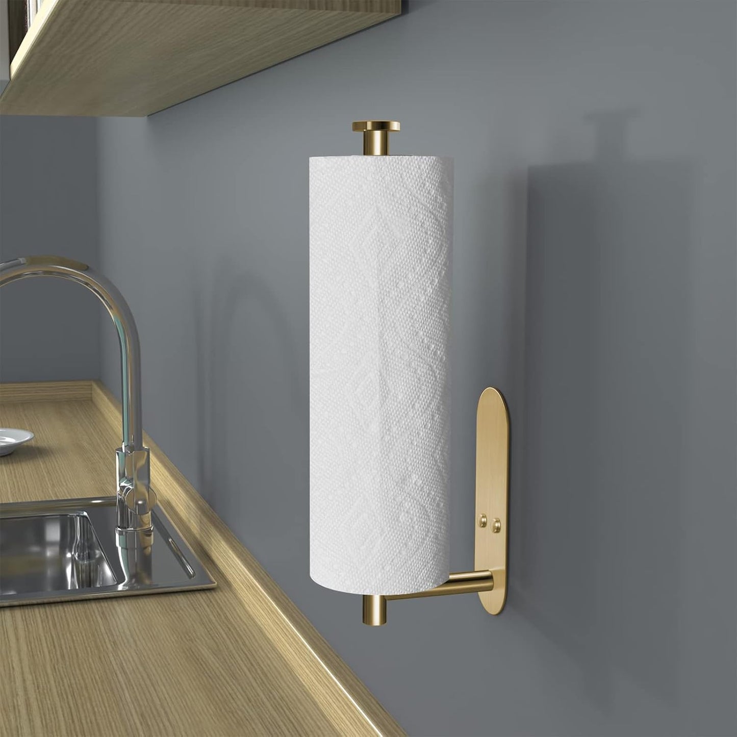 HUFEEOH Adhesive Paper Towel Holder Under Cabinet Wall Mount for Kitchen Paper Towel, Stainless Steel Paper Towel Roll Rack for Bathroom Towel (Gold, Thick)