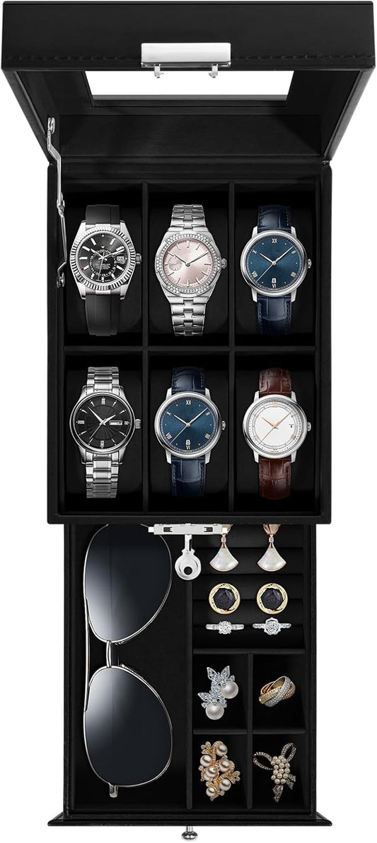 Uten 6-Slot Watch Box, 2-Layers PU Leather Watch Case with Glass Lid, Watch Holder Organizer with Soft Pillow and Velvet Lining, Watch and Jewelry Storage Box, Black