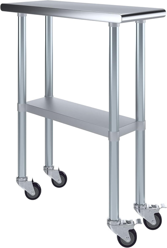 AmGood 30" x 12" Stainless Steel Work Table with Casters | Heavy Duty Metal Utility Table On Wheels | Kitchen Island Cart