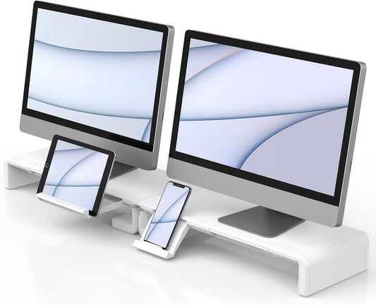 Monitor Stand Riser, Klearlook Foldable Computer Monitor Riser, Height Adjustable Computer Stand, Desk Shelf Riser with Storage Drawer & Tablet Phone Stand for Computer, Desktop, Laptop (White 2 Pack)