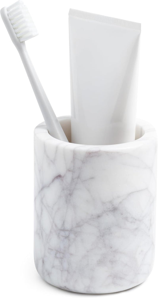 Cork & Mill Marble Toothbrush Holder Cup for Bathroom, Real White Marble Stone Bathroom Accessory, Aesthetic Decorative Countertop Organizer for Tooth Brush & Toothpaste
