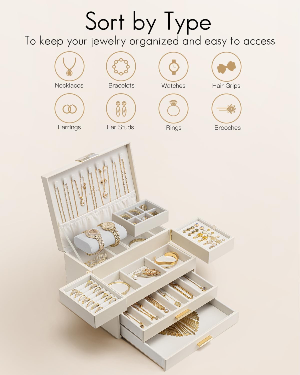 Vlando 4 Layers Jewelry Box - Women Jewelry Box with Retractable Tray - Jewelry Organizer with Drawer for Necklaces, Rings, Bracelets, Earrings, Gift for Couples Mom Girls - Could White