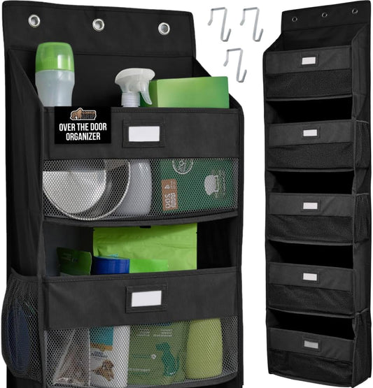 GORILLA GRIP Large Capacity Closet Organizer, 5 Deep Shelves, Holds 50lbs, Over the Door Organizers 6 Mesh Pockets, Shelf Storage for Clothes Crafts Dorm Essentials, 3 Metal Hooks, 58x15 Inches, Black