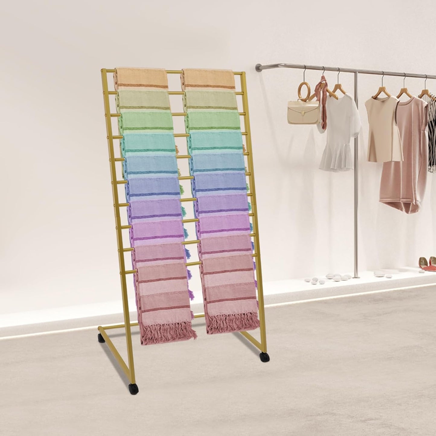 10 Tier Metal Scarf Display Stand with Moving Wheels, Freestanding Scarf Holder Organizer, Commercial Scarf Rack for Clothing Retail Store, Home