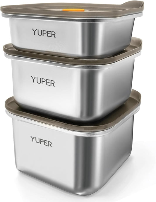 YUPER Stainless Steel Food Containers, Meal Prep Containers, Bacon Cheese Sandwich Container for Refrigerator, Stainless Steel Containers with Airtight Lids, 3 Pack (17+27+33OZ)