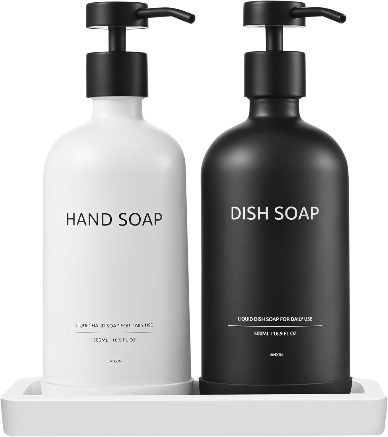 Glass Kitchen Soap Dispenser Set with Ceramic Tray,16.9 floz Hand and Dish Soap Dispenser for Kitchen and Bathroom Decor (White Bottles+Black Bottles)