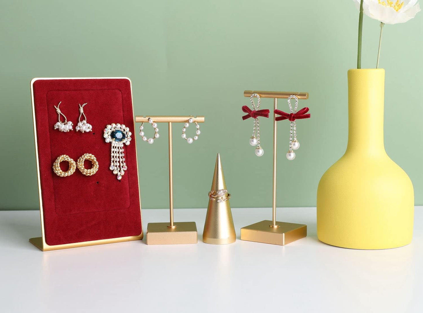 GemeShou 2pcs metal earring holder, Gold T bar earring display stand, mini hangers for earrings Jewelry Photography, earring storage organizer【Gold-Square Base 2pcs Height 4.3 and 5.1 inch】