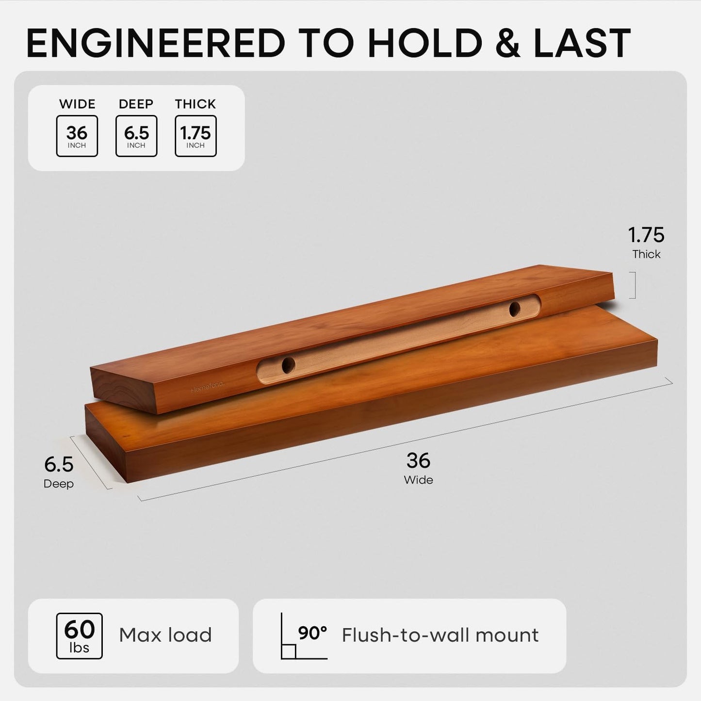 Homeforia Oak Floating Shelves 36 inches Long, High End Solid Real Wood 36 inch Floating Shelf for Room Wall, Honey Oak Wooden 36inch Kitchen Shelves, Heavy Duty Bracket, 36 X 6.5 X 1.75 in, Set of 3