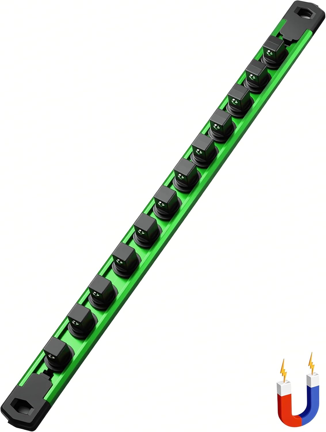 ALOANES 1/2-Inch Drive Magnetic Socket Organizer, Heavy Duty Aluminum Socket Rail Organizer, 360° Swivel Clips Socket Holder Kit for Tool Box, 1/2 Inch Socket Holder x 12 Clips (Green)
