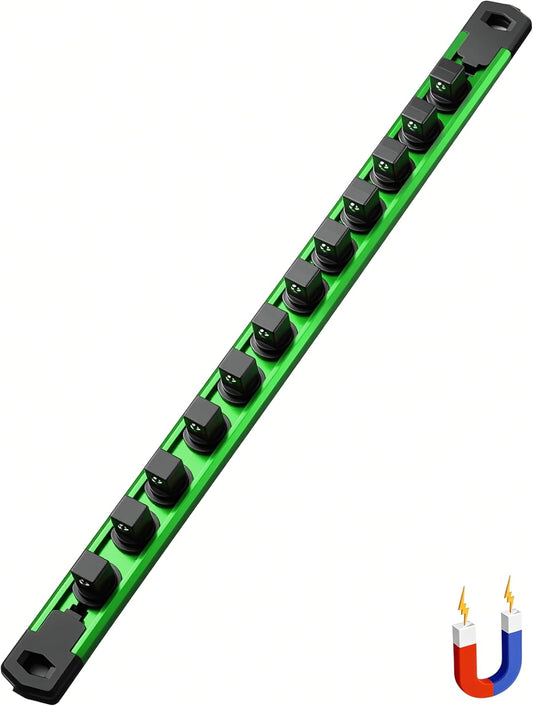 ALOANES 1/2-Inch Drive Magnetic Socket Organizer, Heavy Duty Aluminum Socket Rail Organizer, 360° Swivel Clips Socket Holder Kit for Tool Box, 1/2 Inch Socket Holder x 12 Clips (Green)