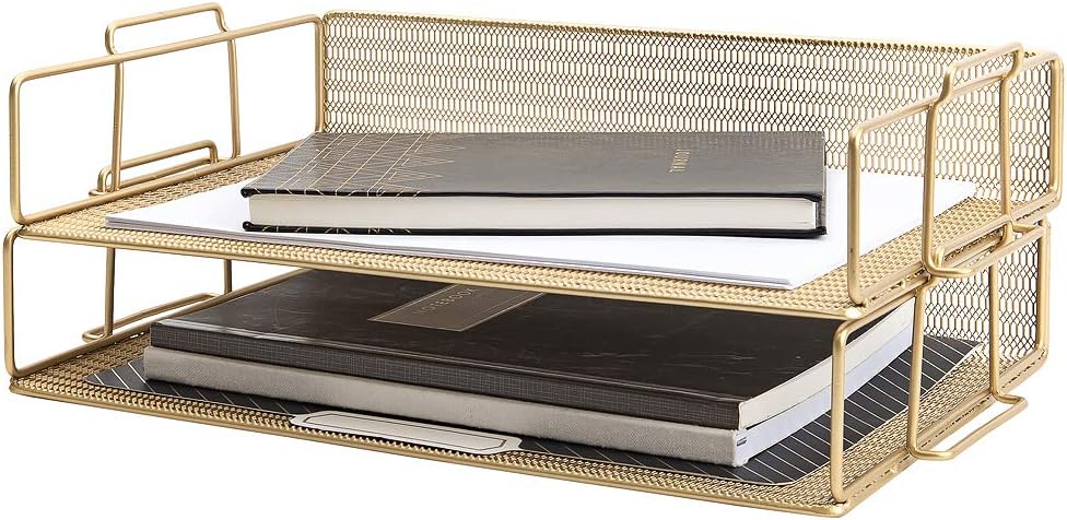 BLU MONACO Gold Mesh Paper Tray – Set of 2 Stackable Letter Trays – Durable Metal Desk Organizer for Home, Office & School – Stylish Document Holder, File Storage, and Workspace Organizer
