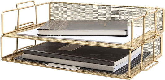 BLU MONACO Gold Mesh Paper Tray – Set of 2 Stackable Letter Trays – Durable Metal Desk Organizer for Home, Office & School – Stylish Document Holder, File Storage, and Workspace Organizer