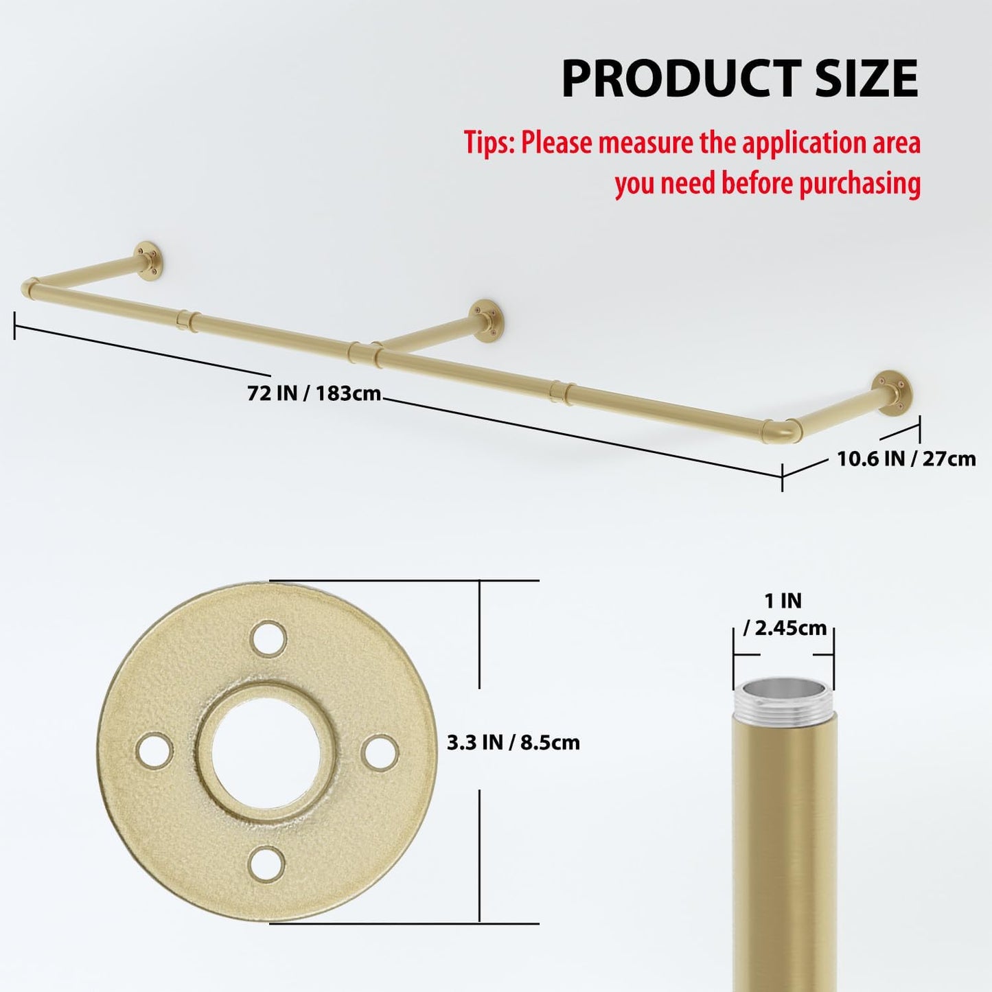Wall Mounted Clothes Rack, 72" Industrial Pipe Clothing Rack, Heavy Duty Gold Garment Rack Bar, Multi-Function Hanging Clothes Rod for Laundry Room,Bedroom,Dressing Room,Closet Storage
