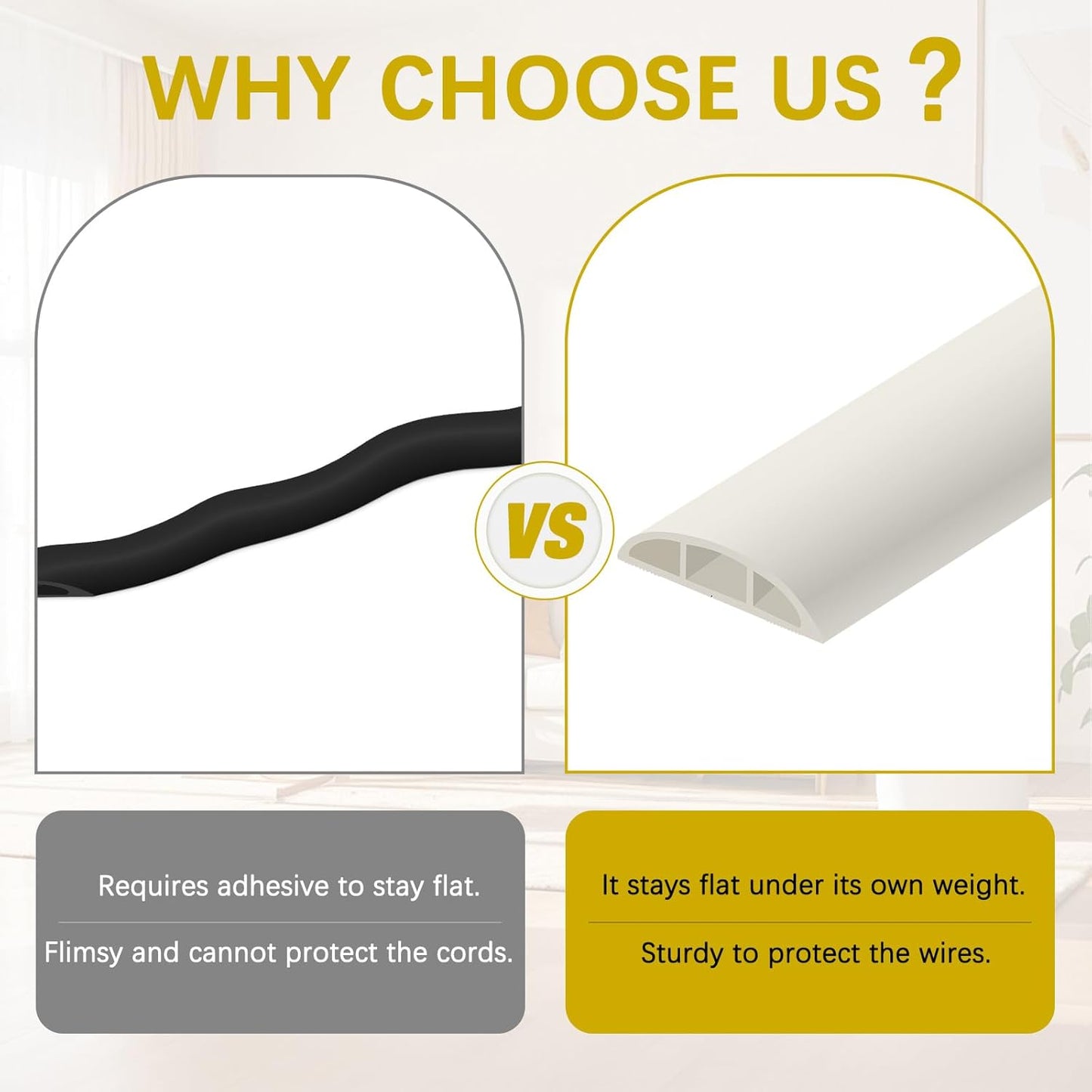 Floor Cord Cover 3.3FT Cord Covers for Wires on Floor Protect Wires & Prevent Trip Hazards, Easy to Cut for Home, Office, School, Concerts, Cavity W0.6in x H0.32in