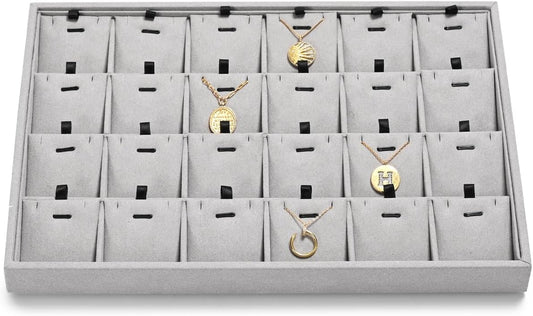 24 Grids Necklace Tray Jewelry Display Tray Necklace Holder Organizer for Drawers With Removable Jewelery Cards Pendant Bracelet Storage Holder (Grey