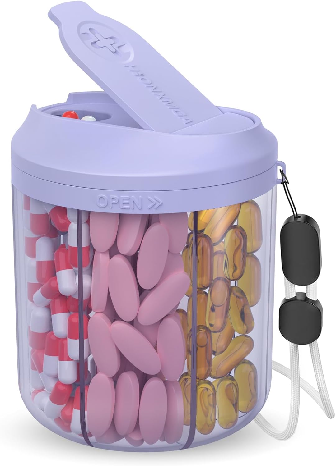 Pill Dispenser with 7 Large Compartments, 4.4" H x 3.6" Dia Pill Organizer for Travel, Supplement Organizer with Anti-Mixing Design, BPA-Free Pill Container with 20 Pcs Labels, Purple