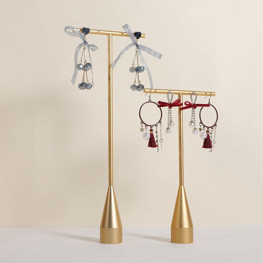 GemeShou 2pcs Gold earring display T bar stand, Big jewelry earring holders for Boutique Store, Jewelry holders high enough for long earring necklace【Gold-2pcs Height 7.9"and 11"-long horizontal bar】