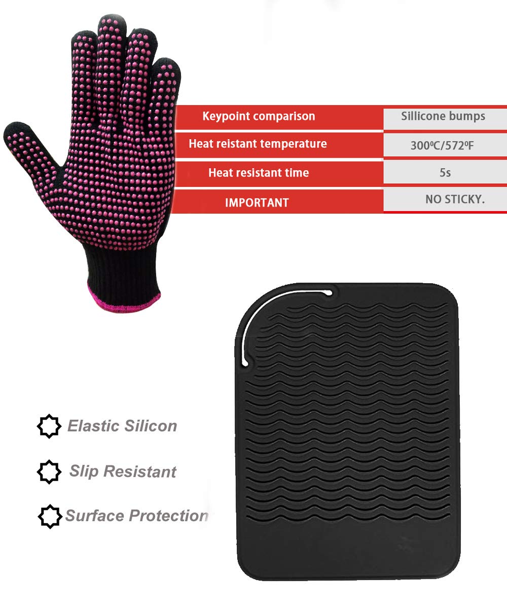 Heat Resistant Silicone Glove and Mat Set for Curling Iron, Hair Straightener, Flat Irons - 9" x 6.5" Food Grade Silicone Mat, Black