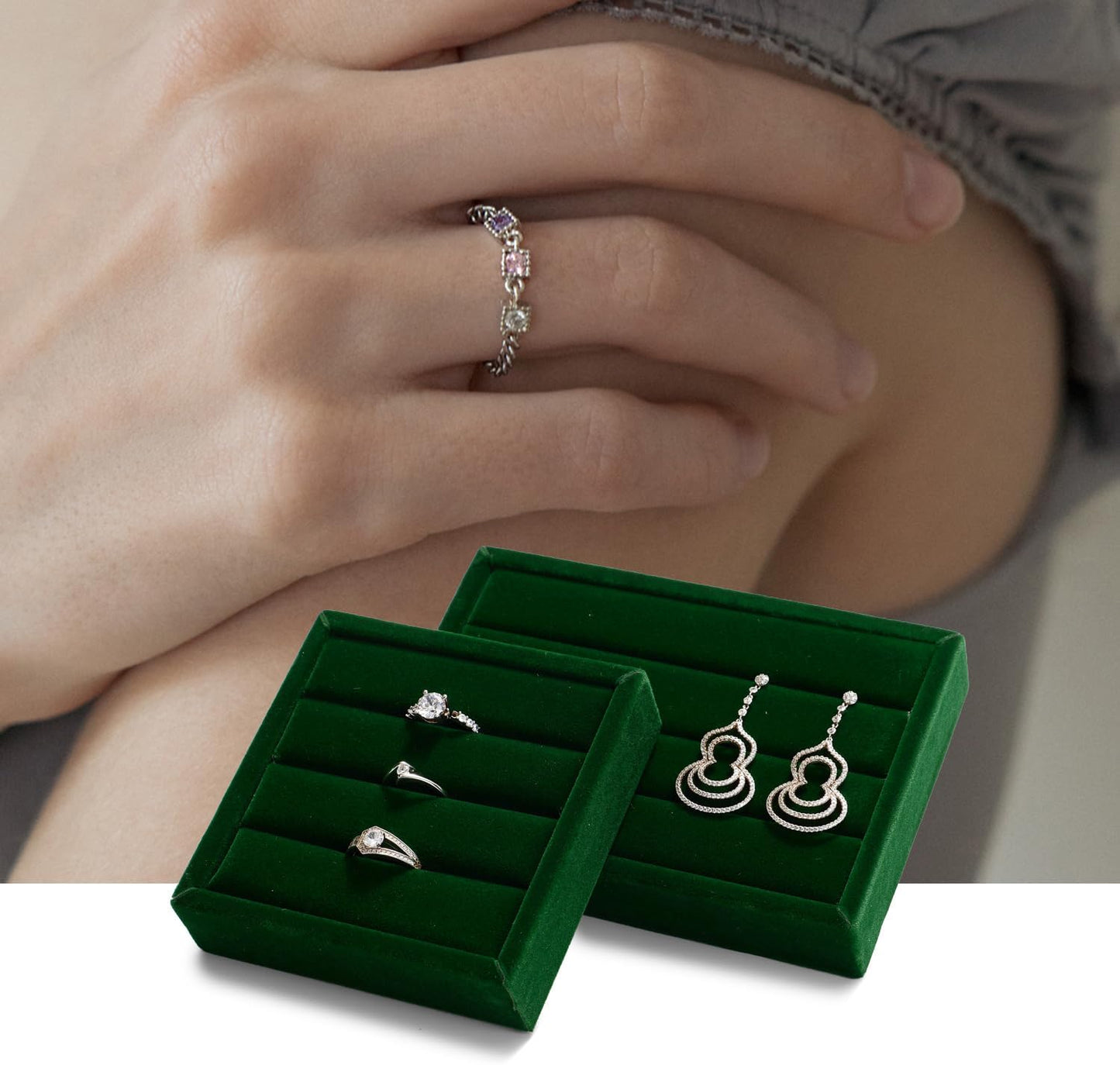 Green Velvet 3-Slots Jewelry Ring Display Tray Showcase Small Jewelry Display Organizer Tray for Rings(S)