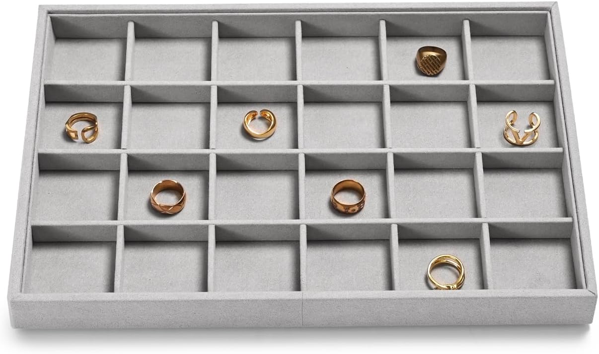 24 Grids Jewelry Tray Earring Organizer Tray Ring Earrings Holder Jewelry Drawer Organizer Storage Display Holder (Grey)
