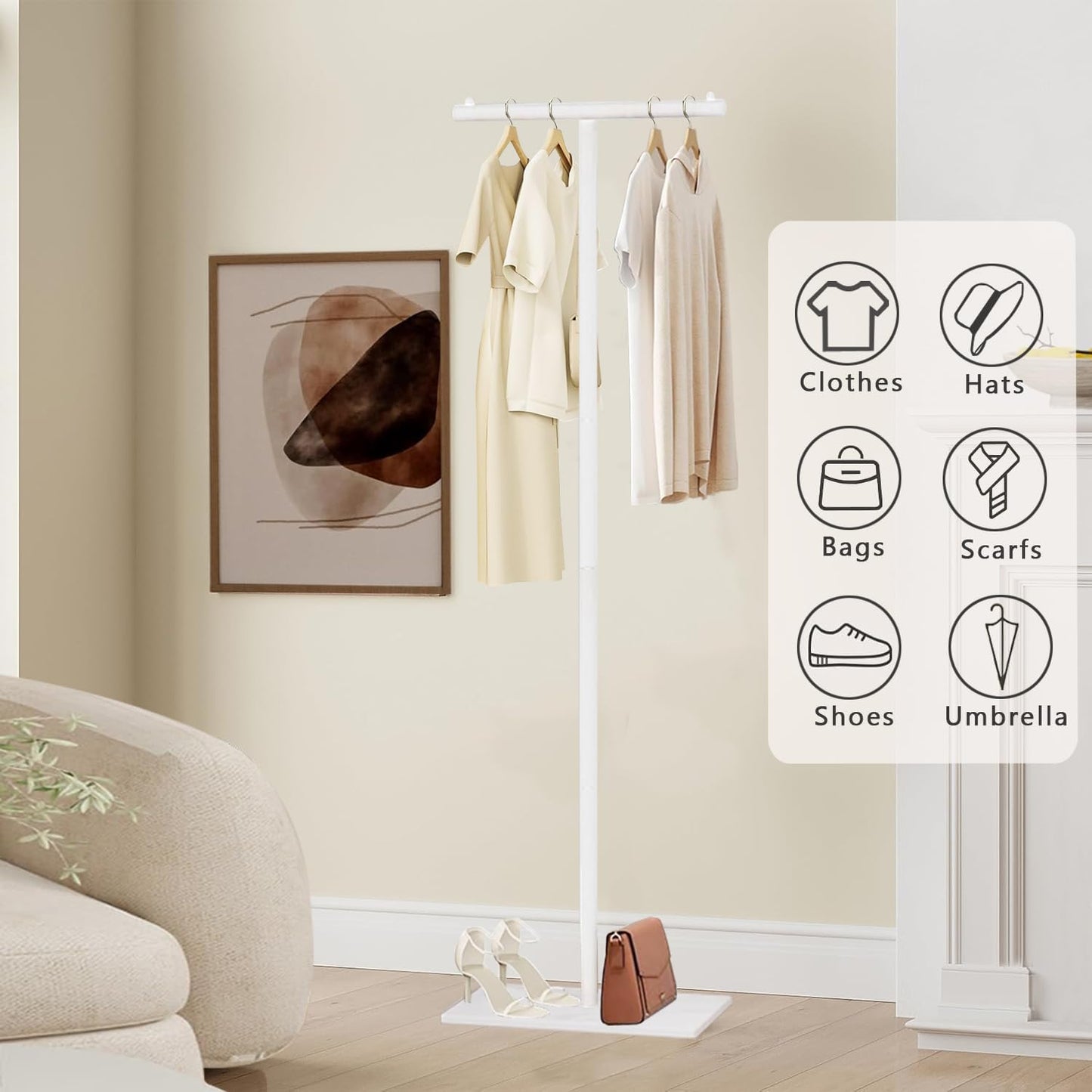 T-Shaped Metal Rack Stand,Modern Clothes Rack With Rock Slab Base,60.3Inch Freestanding Clothing Rack Stand,Suitable For Boutiques, Entryway, Bedroom, Living Room, Hallway, (White, 60.3Inch)