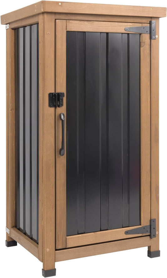 Outdoor Storage Cabinet with Metal Worktop, Fir Wood Frame & Adjustable Shelf, Weather-Resistant Garden Tool Organizer for Patio, Porch, Balcony, or Garage (18" L x 18" W x 33.5" H)