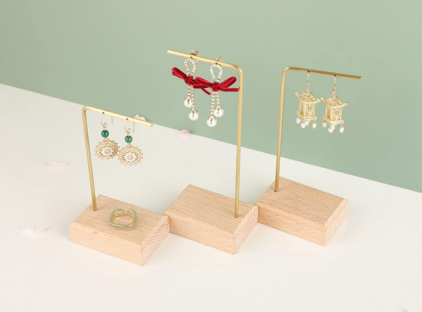 GemeShou 3pcs Beech wooden dangle earring stand holder, hoop earring displays for selling jewelry, mini brass earring hanger【Walnut Stand set-3pcs】