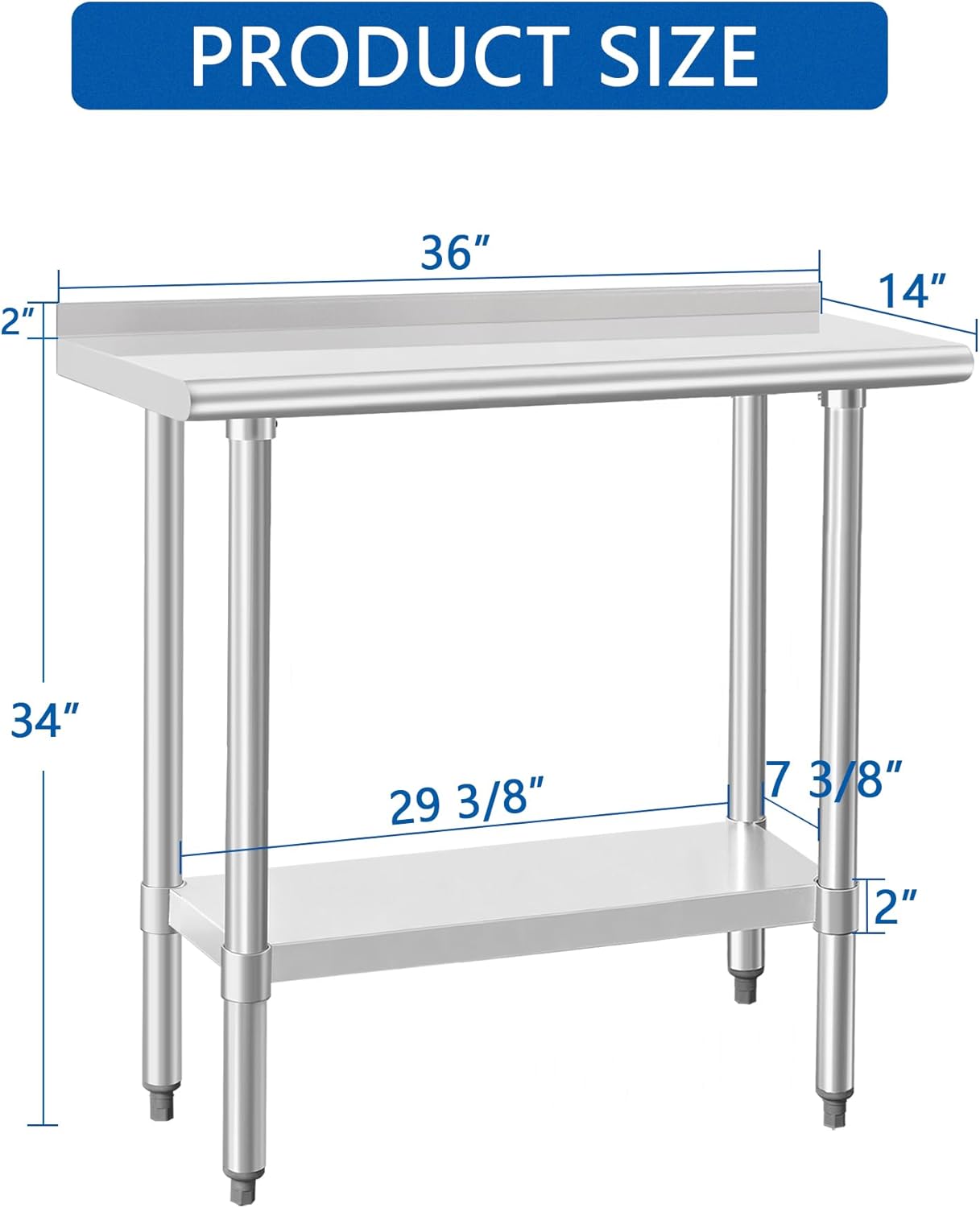HARDURA Stainless Steel Commercial Work Table Prep Work Metal Table 14×36 Inches with Undershelf and 2" Backsplash Heavy Duty NSF 430 for Kitchen Food Prep