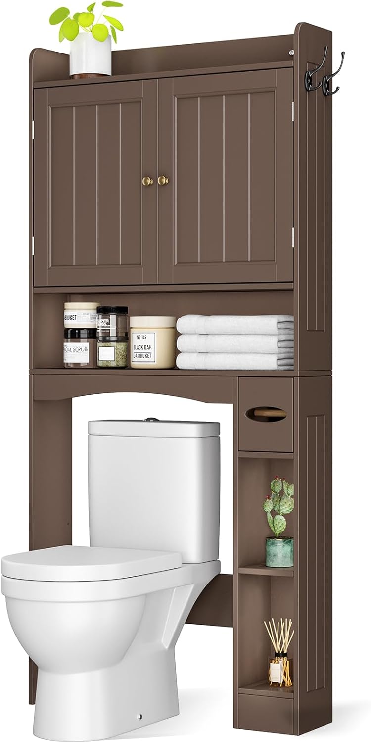 Ahomly Over The Toilet Storage Cabinet, 32.3" W Over Toilet Bathroom Organizer with Doors, Adjustable Shelves, Toilet Paper Holder, 2 Side Hooks, Space-Saver for Bathroom, Laundry, Espresso