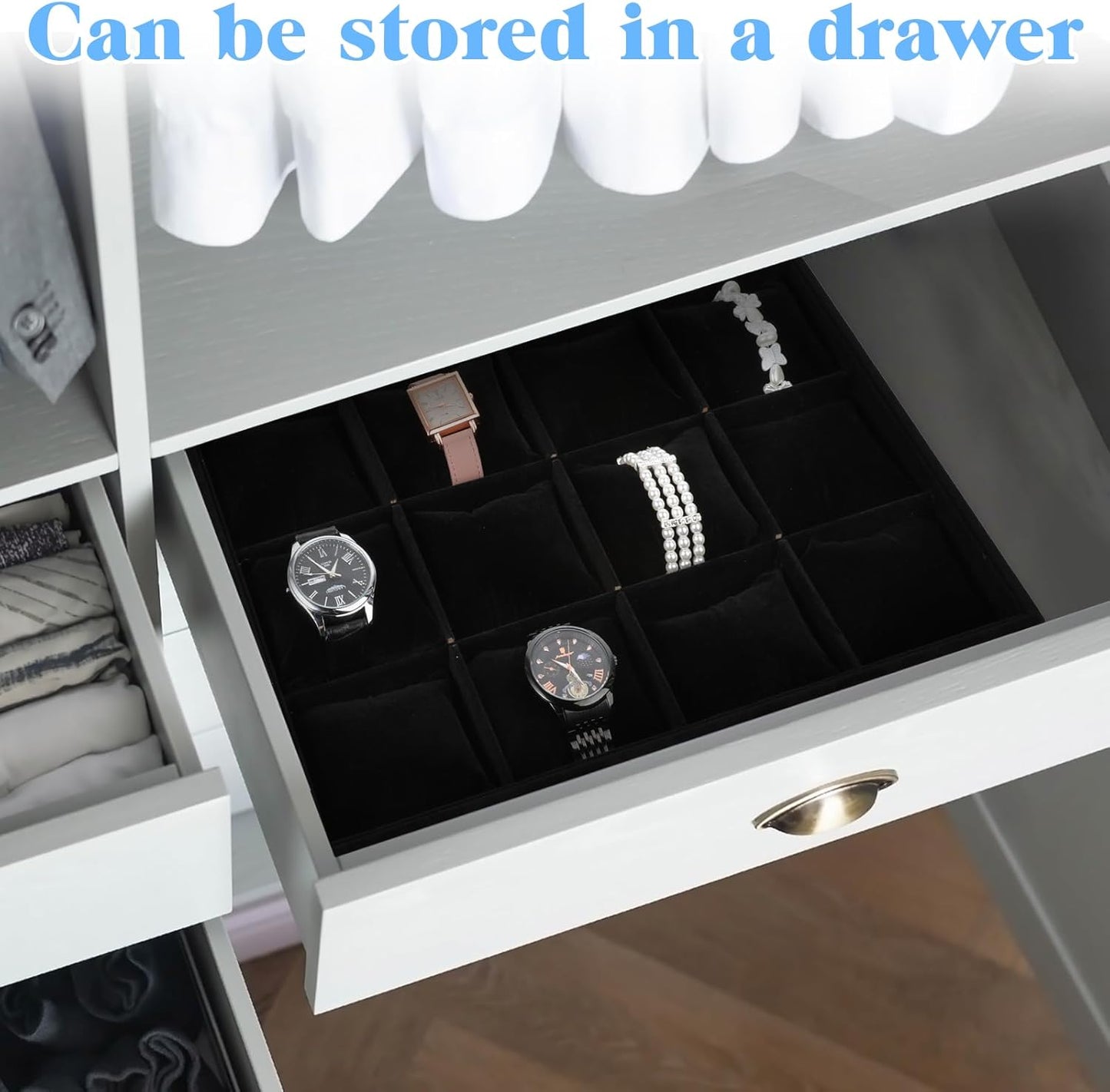 2 PCS Watch Holder Organizer for Men,12 Grid Watches Storage Box with Adjustable Bracelet Pillow, Boxwood Stackable Jewelry Trays, Watch Display for Selling, Women and Men -Black