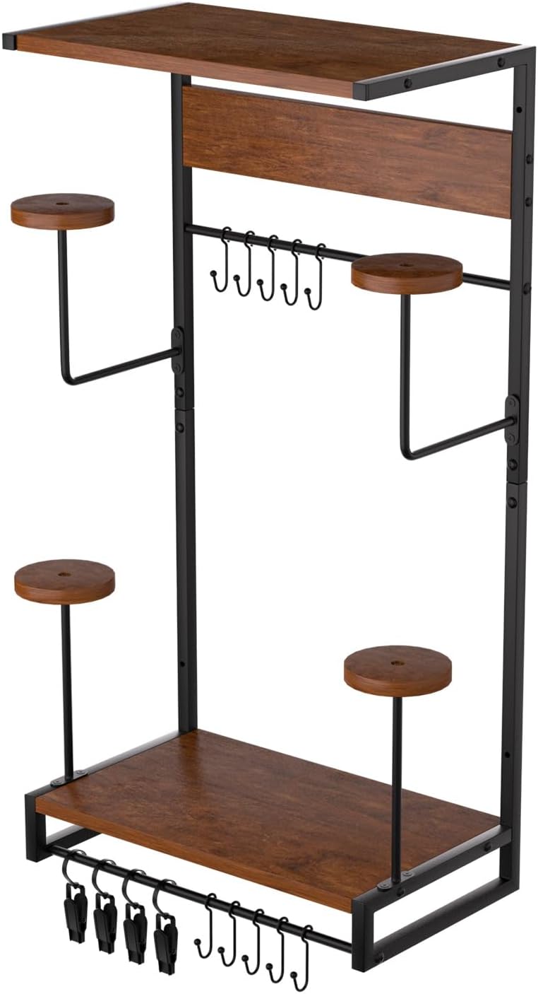 Vieshful Motorcycle Helmet Holder Wall Mount, Helmet Organize Rack with 2 Layer Wooden Boards and 4 Hat Stands,Helmet Hanger for Motorcycle Accesories Storage with 4 Glove Chips and 10 hooks