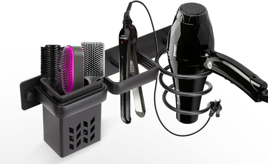 YUET Hair Dryer Holder Hairdryer Station Wall Mounted Spiral Shelf Bracket Stand Hanger Straightener Organizer Blow Storage with Holes Rack For Bathroom Aluminum Professional (Black With Cup)