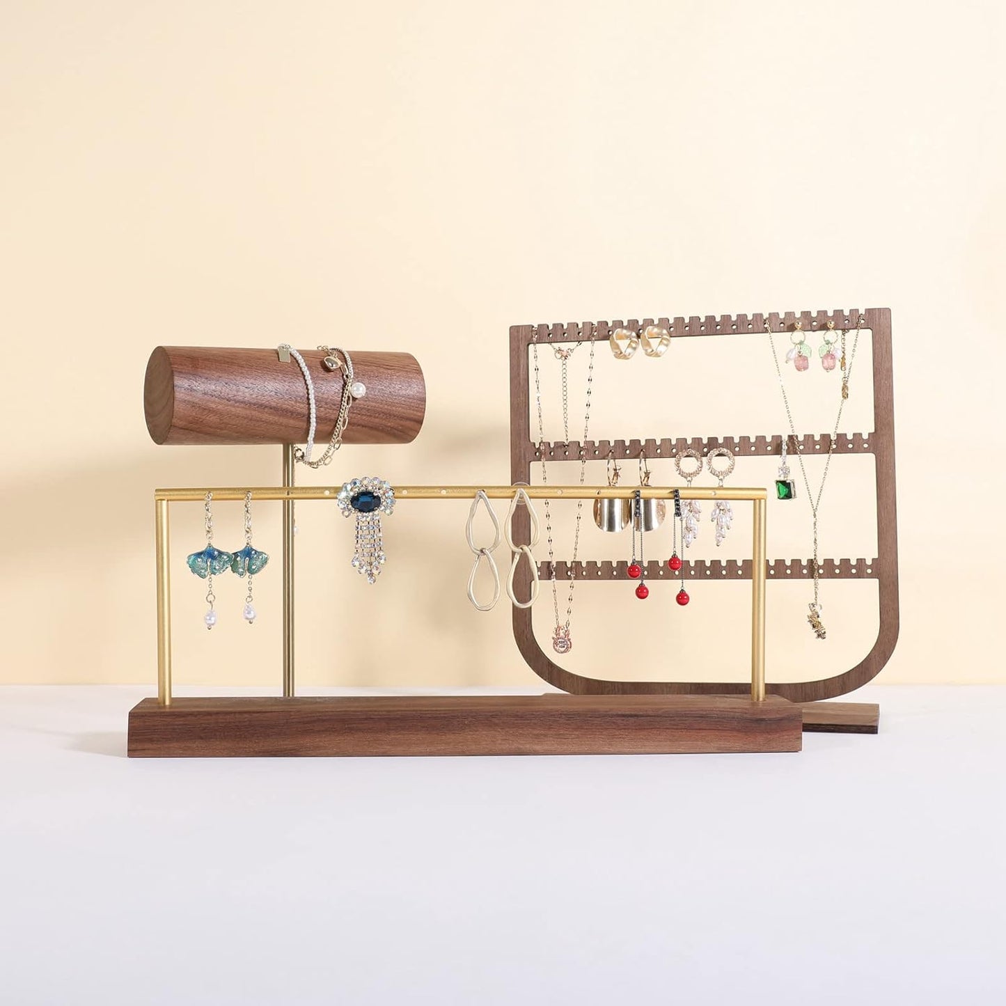 GemeShou wooden earring holder organizer for girls, walnut stud earring display stand for boutique store, jewelry storage organizer shelf【Walnut stand-One Tier】