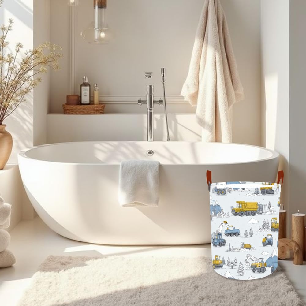Laundry Baskets 15.7x19.7 Inch Construction Truck Mountain Scene Design Collapsible Laundry Hamper with Handles Oxford Fabric Clothes Storage Bin Foldable Dirty Clothes for Bedroom Bathroom Dorm