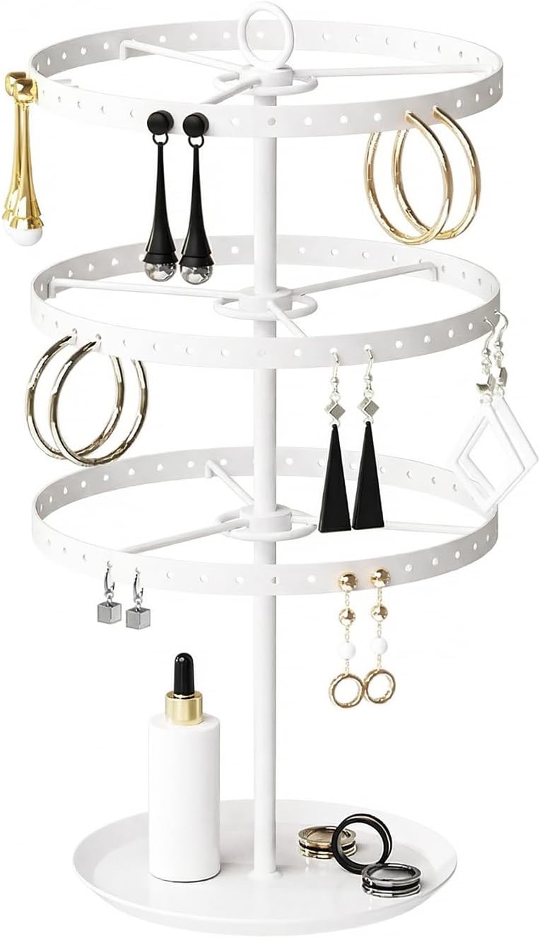 3 Tiers Metal Rotating Earring Holder Organizer Stand Adjustable Display Tree, 126 Holes Large Carousel Rack for Stud Hoop Pierced Dangling Women Girls, Perfect View for All Earrings (White)