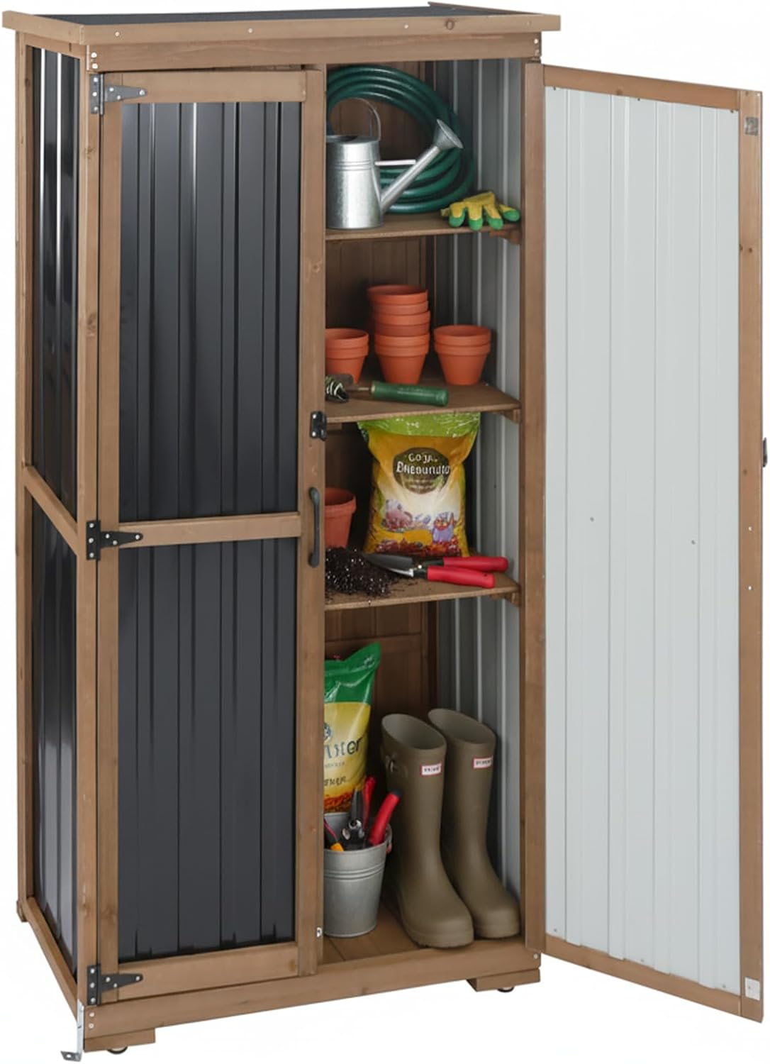 Outdoor Storage Cabinet with Shelves, Wood & Metal Storage Shed with Weatherproof Roof, 3 Removable Shelves, Double Lockable Doors, Adjustable Feet, Outside Storage Cabinet for Garage, Patio, Backyard