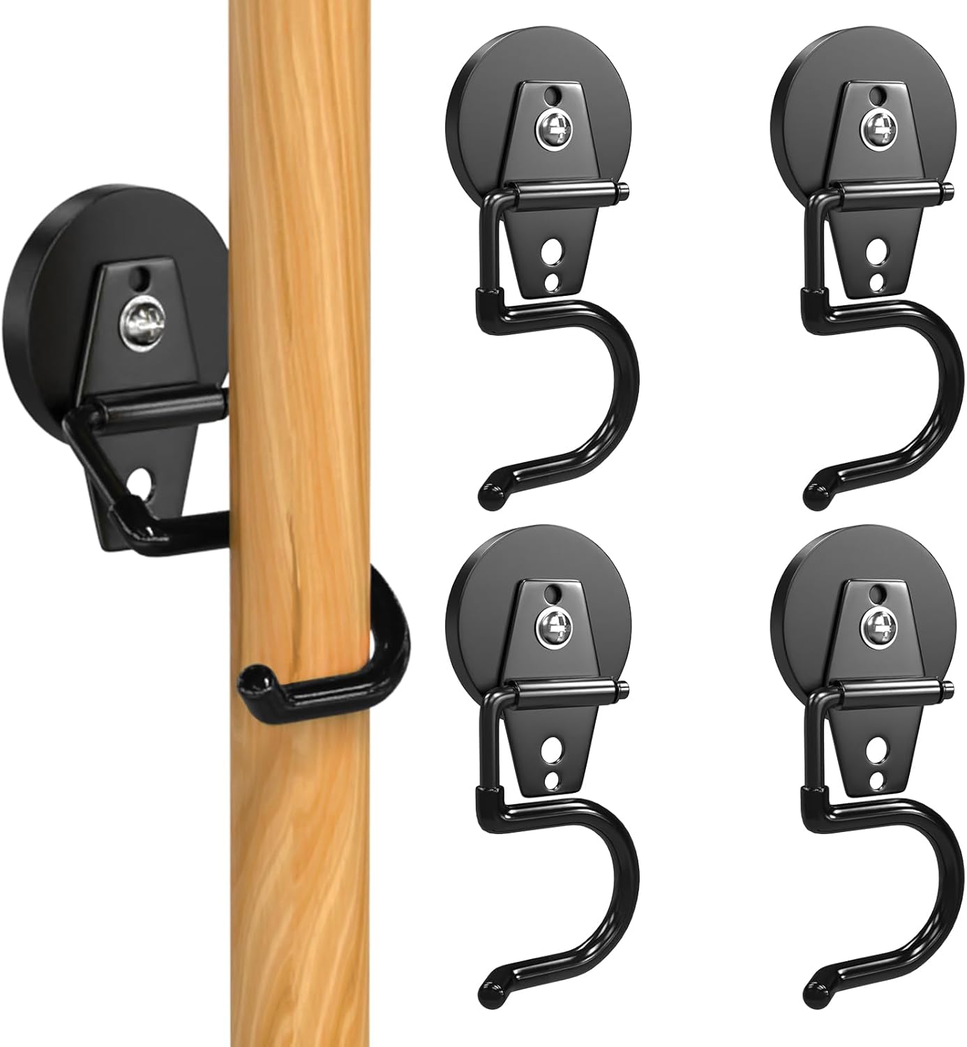 3-H Magnetic Mop Broom Holder and Mop Organizer 4 Pack, Heavy Duty Strong Utility Magnetic Tools Holde, Anti-Slip Strong Metal Garden Tool Rack for Garage, Laundry, Garden (Black)