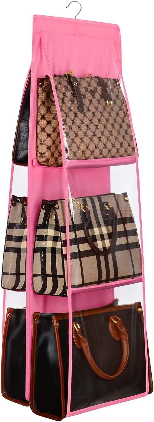 Lirex Medium and Large Handbag Hanging Purse Organizer for Closet, Handbag Storage Organizer Hanger Oxford Cloth Closet Organizer for Family Closet Bedroom, Foldable and Universal Fit, Pink