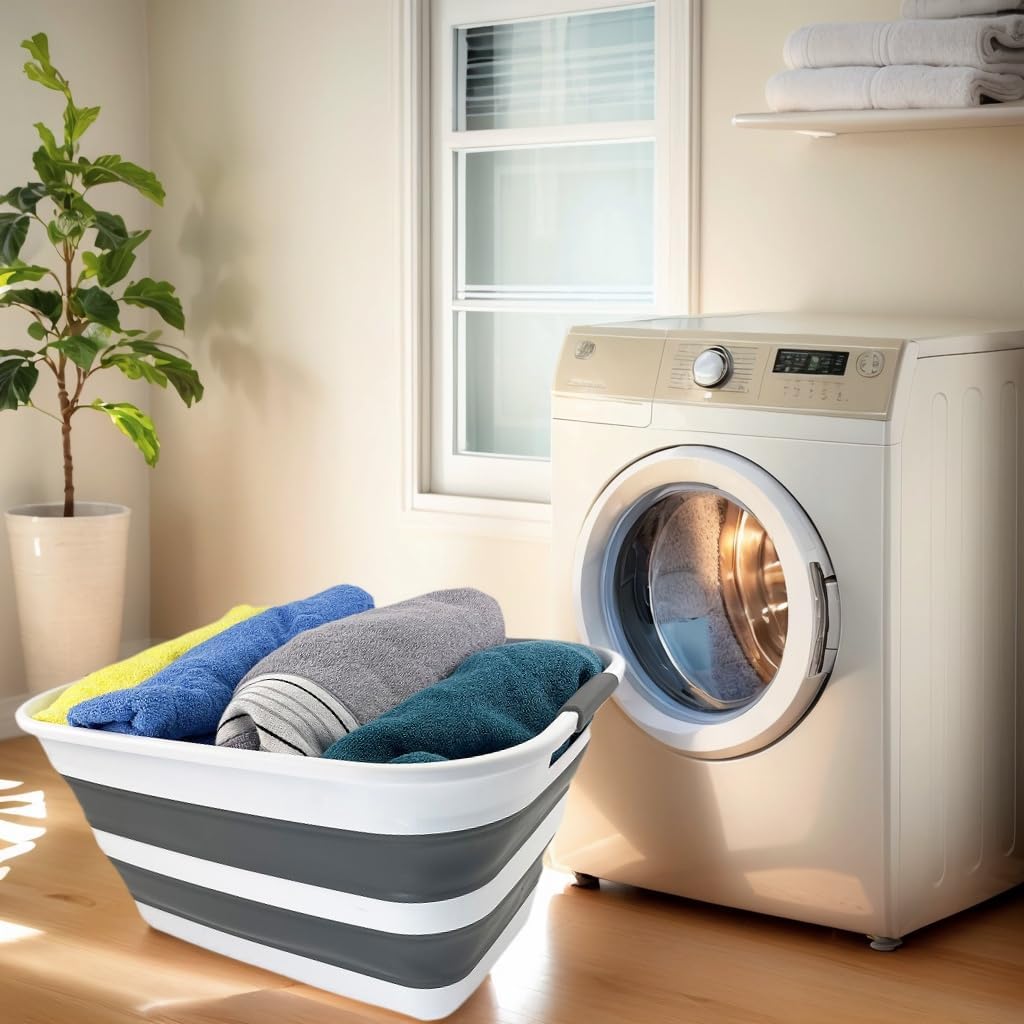 SAMMART Collapsible Plastic Laundry Basket with Dual Grip Handles 27L (7.1 Gallons) -Foldable Pop Up Storage Container/Organizer - Portable Space Saving Washing Tub/Hamper (1, White/Steel Grey)