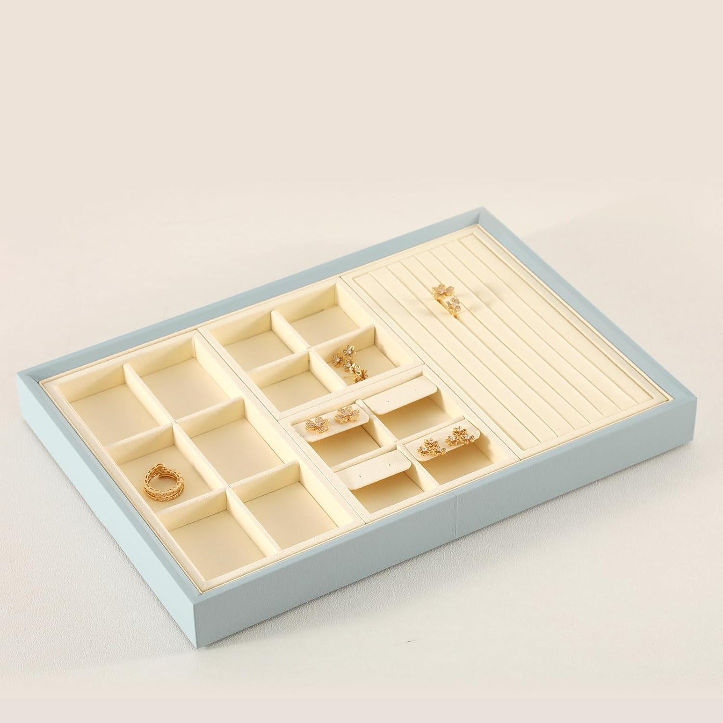 Dark Blue Jewelry Display Tray Ring Necklace Earring Bangle Organizer Multifunctional Storage Case for Jewelry Showcase (Long 6 Grids Tray(beige))