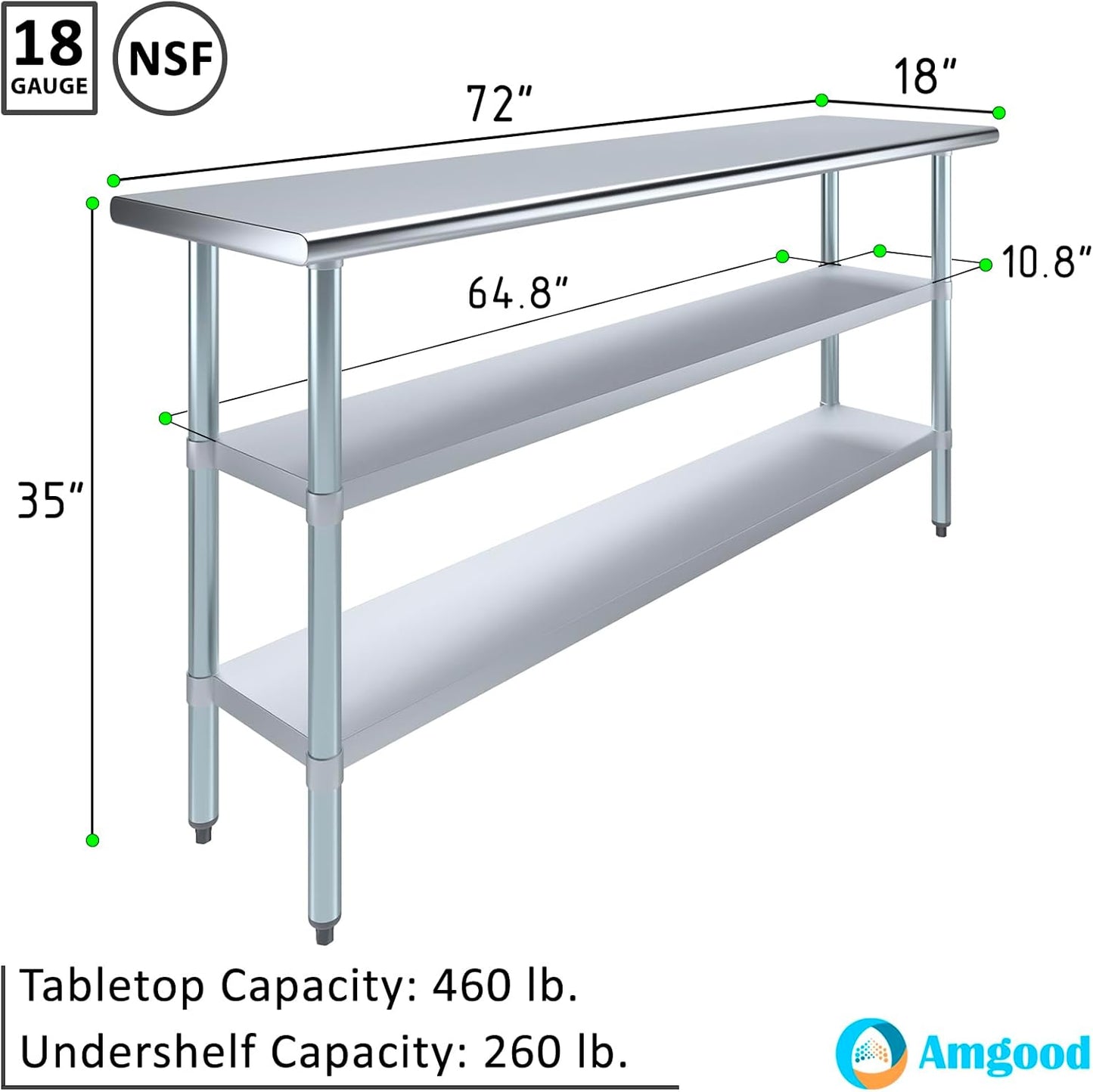 AmGood Stainless Steel Work Table with 2 Shelves | NSF | Metal Utility Table (72" Long x 18" Deep)