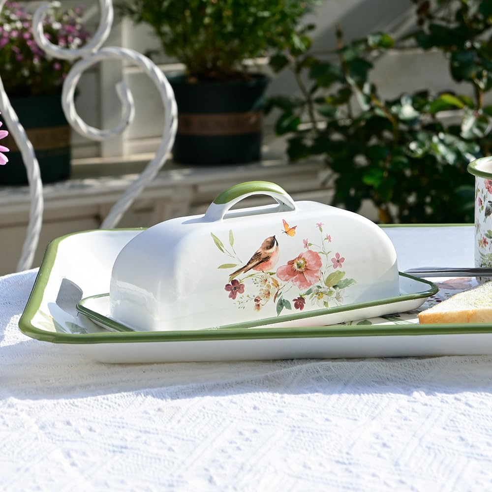 Enameled Farmhouse Vintage Butter Dish with Lid, 7.5 Inch Durable Kitchen Food Storage Container Rust-Resistant Refrigerator Safe,Vintage Decorative Design Kitchenware for Countertop