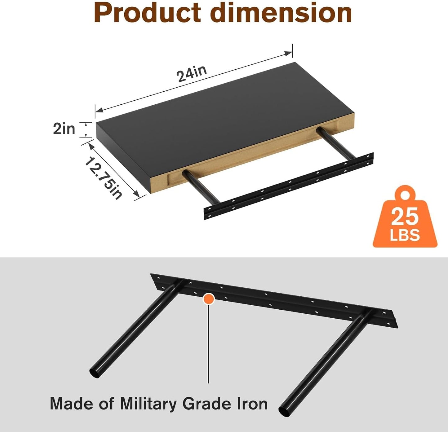 Floating Shelf, Set of 3 Wall Shelf, 24 in W x 12.75 in D x 2 in H Wooden Floating Wall Shelf with Invisible Brackets for Living Room/Bedroom/Bathroom/Kitchen Storage and Decor, Black