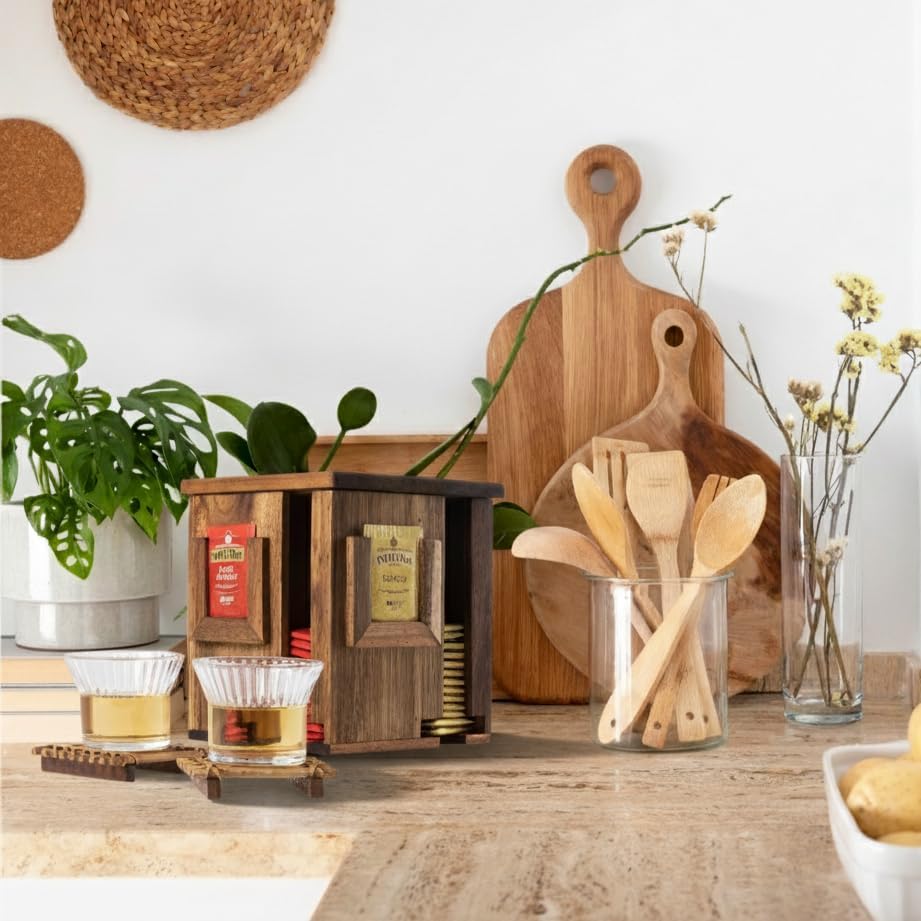 Rotating Tea Bag Organizer – Acacia Wood 4-Sided Storage Box for Home or Office
