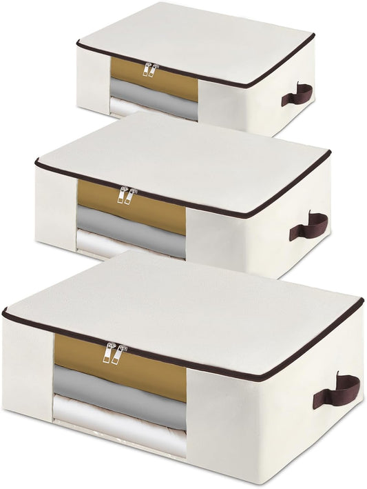 3-Pack 25.5x17.7x9 Inch Clear Window Storage Bags - Foldable Canvas Organizers for Clothes, Blankets & Pillows with Triple-Zip & Carry Handles - Beige Closet/RV Storage Solution