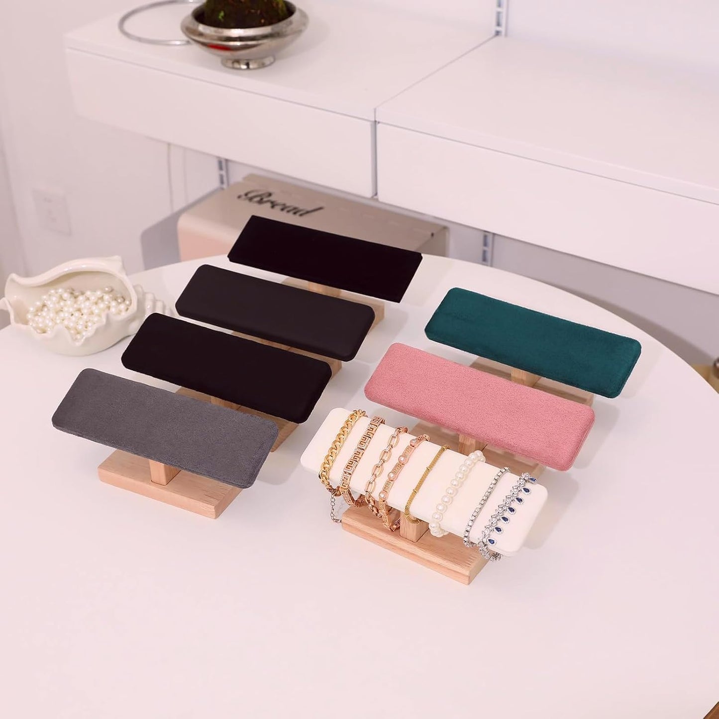 Wooden Watches Display Tower Base Watch Neck Bracelet Organizer Rack Bangle Scrunchie Headband Showcase Tower Pink Suede